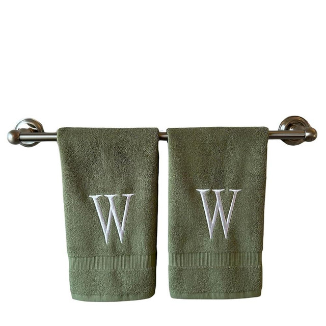 Sage Initial Hand Towel for Bathroom - Monogrammed Luxury Hotel Quality Decorative Embroidered Towel for Powder Room, Spa - GOTS Organic Certified - Set of 2 Letter W