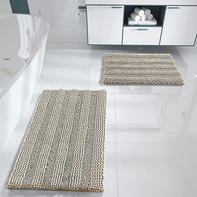 Yimobra Luxury Chenille Shaggy Bathroom Rug Set, 2 Pack Soft Fluffy Plush Bath Mat, Extra Thick, Non-Slip, Water Absorbent, Machine Washable, Bath Mats for Bathroom (Beige, 20" x 32"+17" x 24")