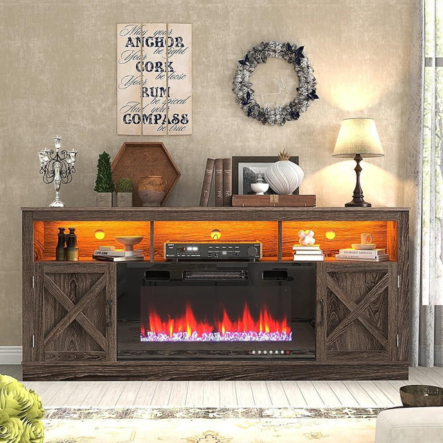 jiteentarou Farmhouse Fireplace TV Stand for 70/75/80 Inch TV, 32”Tall Entertainment Center w/ 36”Electric Fireplace & LED Light, 70”Media Console w/Barn Door Cabinet for Living Room, Grey