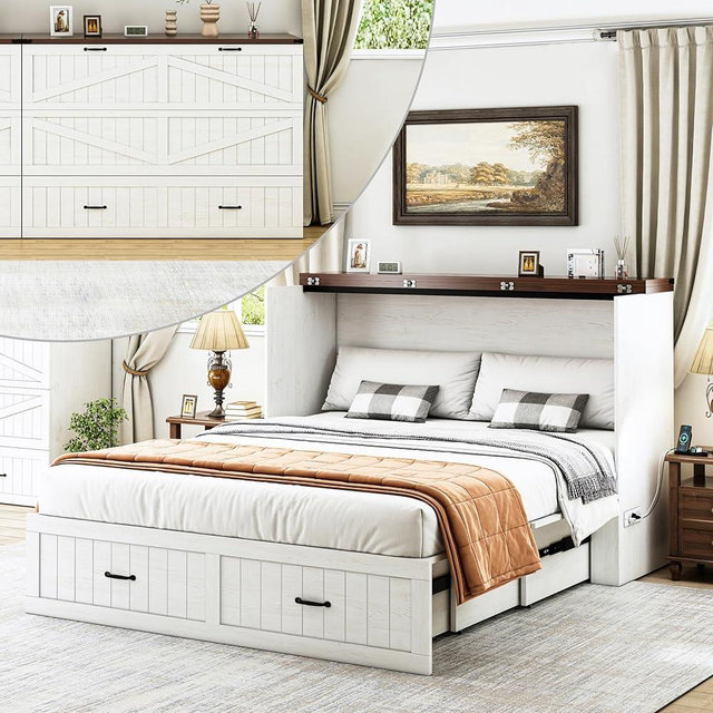 Queen Murphy Bed with Storage & Charging Station, Farmhouse Murphy Cabinet Bed with Large Drawer, Hideaway Foldable Platform Bed for for Guest Room, Bedroom, Home Office, Mattress Not Included, White