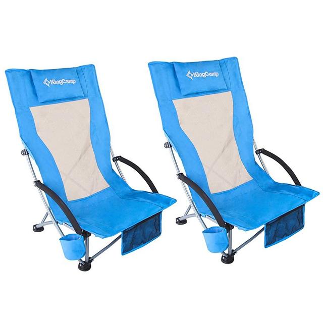 KingCamp 2 Pack Low Folding Camping Chair Compact Beach Chair with Armrests and Breathable Mesh Back Portable Heavy Duty Backpacking Chair for Outdoor, Camping, Hiking, BBQ Blue