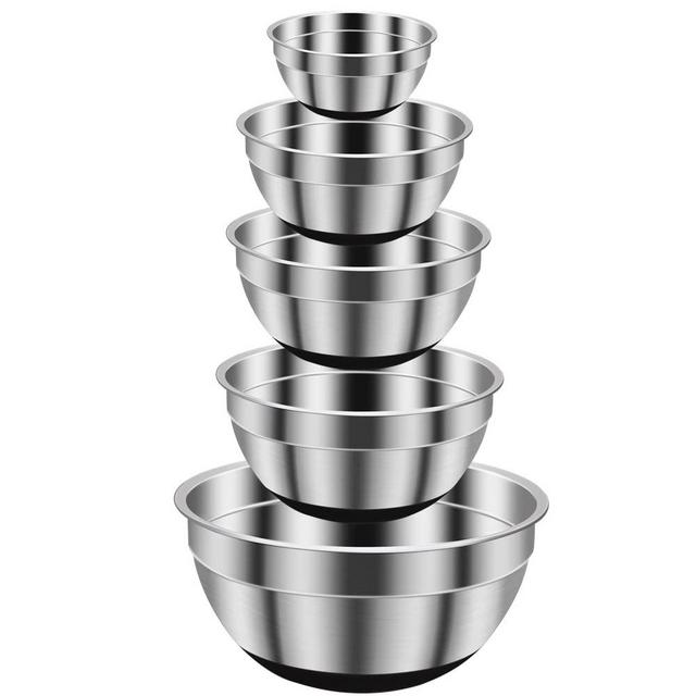 Stainless Steel Mixing Bowls (Set of 5) by REGILLER, Non Slip Black Silicone Bottom Nesting Storage Bowls, Polished Mirror Finish For Healthy Meal Mixing and Prepping 1.5 - 2 - 2.5 - 3.5 - 7QT (Black)
