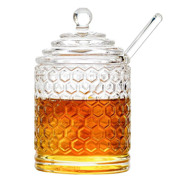 CasaVibe 10 Oz Glass Honey Jar, With Lid And Dipper Honeycomb Crystal Design Syrup Storage Container For Home Kitchen Use