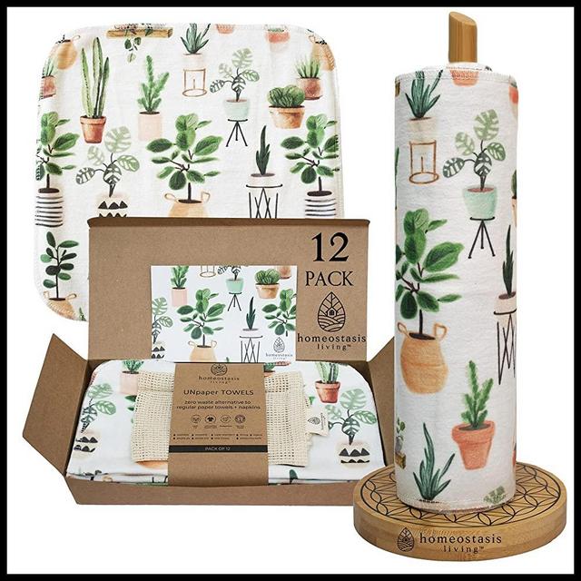 Reusable UNpaper Towels and Napkins Alternative in Modern Gift Box with Bonus Cotton Wash Bag (12 Pack-'Plant Love' Reusable Paper Towel) | Homeostasis Living |11" X 11" Eco Friendly Washable Towels