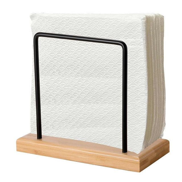 WWW-WOODART Napkin Holder for Table Napkin Holders for Kitchen Napkin Holders for Paper Napkins Cocktail Napkin Holder Black Napkin Holder Wooden Napkin Holder Metal Napkin Holder (Black-Bamboo)