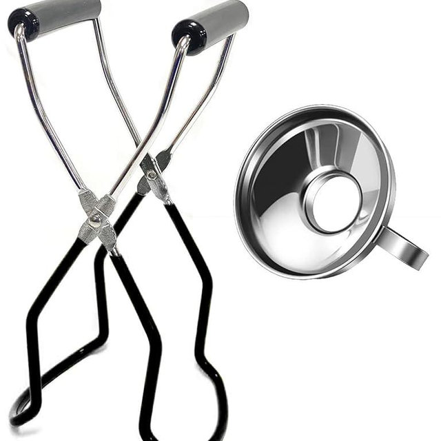 2 Pieces Stainless Steel Canning Jar Lifter Tongs and Canning Funnel with Safe and Secure Grip for Wide Mouth and Regular Jars, Easy to Clean and Dishwasher Safe (Black)