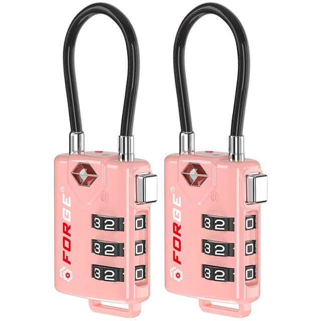 Forge TSA Approved Cable Luggage Locks, 2 Pink Locks, Re-settable Combination with Alloy Body