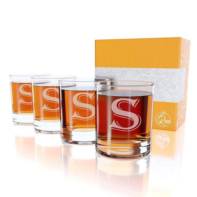 (S-Monogram)- 4 Piece Set of 11 Ounce Engraved Heavy Base Rocks Glasses Elegant Glass-Multi-Purpose Beverage-Rocks Glass- Gift for any Occasion- By: On The Rox