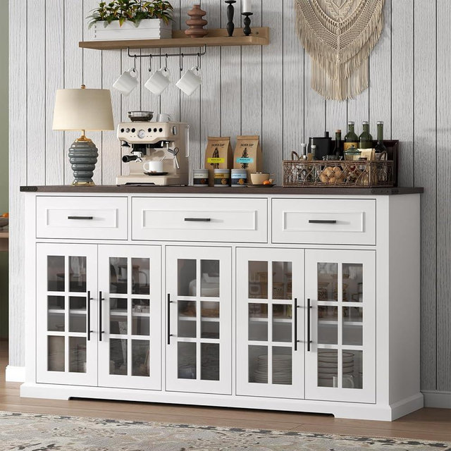 Buffet Cabinet with Storage, 63" Large Sideboard Cabinet with 3 Drawers & 5 Glass Doors, Modern Farmhouse Kitchen Cabinet Buffet Table with Adjustable Shelf, Coffee Bar Cabinet for Living Room, White