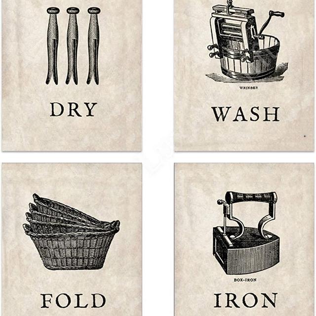 Laundry Room Decoration- 4 Vintage Drawing Wall Prints- 8 x10's Wall Decor- Ready To Frame. Wash-Dry-Iron-Fold- Home Decor. Laundry Decor to Symbolize the Home Duties!