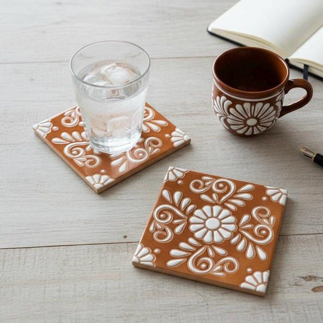 Hand Painted Mexican Talavera Textured Tile Coaster, Brown & White, Signature Floral – Set of 2