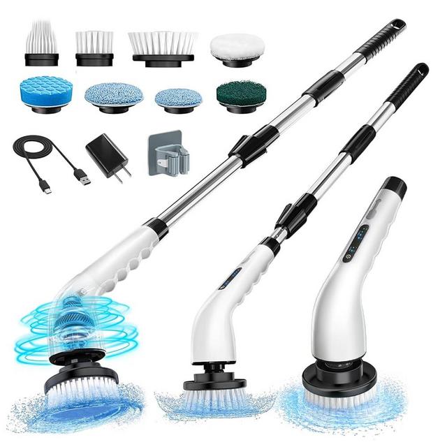 Electric Spin Scrubber, Shower Scrubber Cordless Cleaning Brush with 8 Replaceable Brush Heads and Squeegee，Adjustable Extension Handle 2 Speeds Electric Cleaning Brush for Bathroom, Tub, Tile，Kitchen