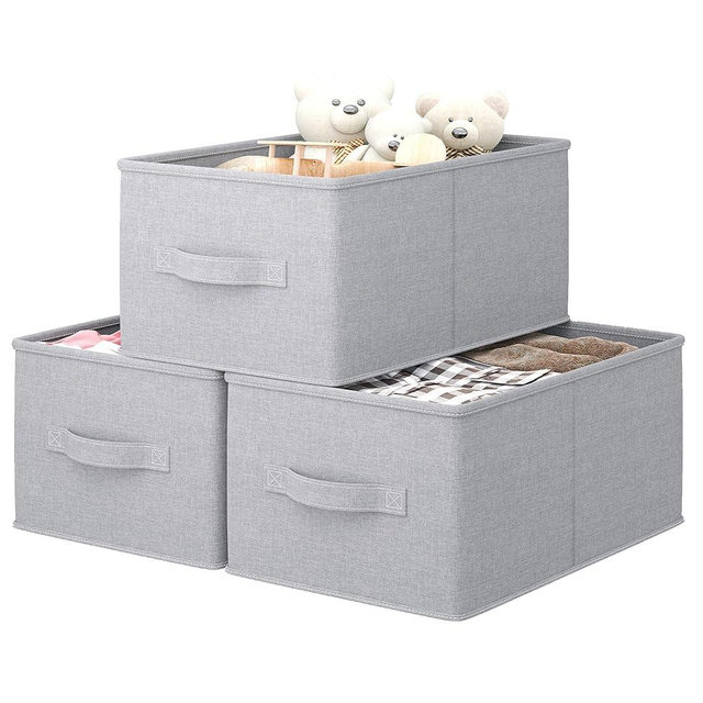 LayerSpace 3 Pack Fabric Storage Bins for Shelves | 14.57x10.23x9.53in Closet Storage Bins | Collapsible Storage Bins for Organization | Linen Clothes Storage Bins | Light Gray