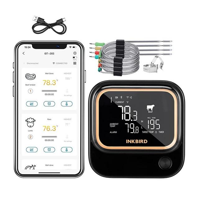 5GHz WiFi and Bluetooth 5.1 Meat Thermometer, Inkbird WiFi Grill BBQ Meat Thermometer for Smoker, Cooking and Kitchen with 4 Probes, APP Control, Alarm and Timer, Adjustable Backlit LCD, Rechargeable