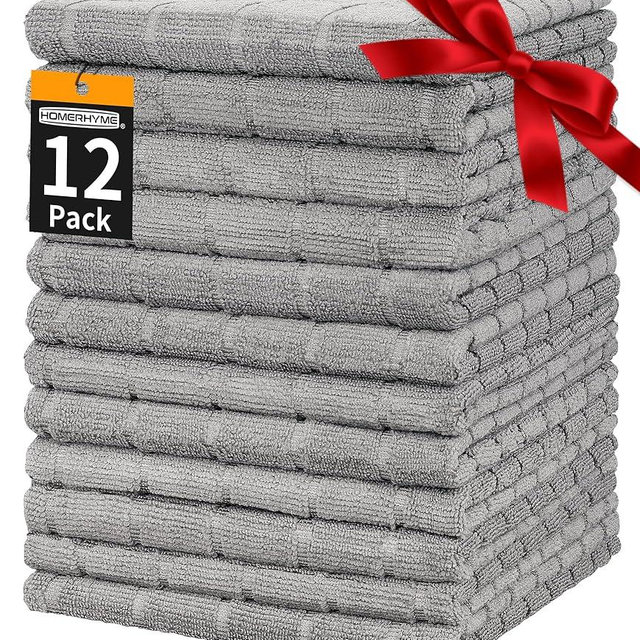 HOMERHYME Hand Towels, 12 Pack 25''*15'' Microfiber Bathroom Hand Towels, Grey All-Purpose Quick Dry Lint Free Soft Absorbent Bulk Checkered Washcloths Bath Towels for Hotel Kitchen Salon