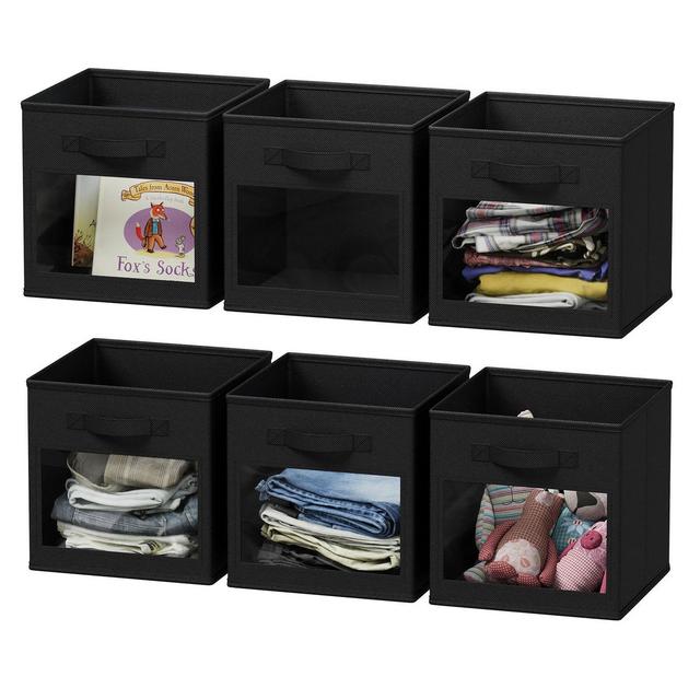 Storage Cubes with Clear Windows, Set of 6 Fabric 11-Inch Foldable Baskets Boxes for Closet, Cubby Shelf, or Cube Storage Organizer,Black