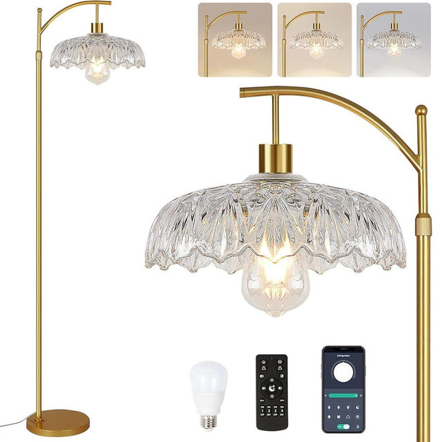 QIYIZM Floor Lamp for Living Room Bedroom with Remote Boho Arc Standing Lamp Dimmable Gold Farmhouse Glass Lamp Shade Mid Century Modern Floor Light Tall Lamp Floor Lamps Bohemian