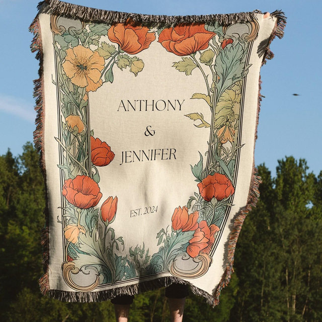Personalized Blanket for Couple, Floral Name Blanket, Wedding Anniversary Gift, Customized Mr and Mrs Gifts, Newly Wed Gift, Cotton Throw,35