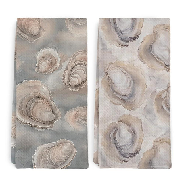 dvhdajed Vintage Oyster Bathroom Towels and Dish Towel, Coastal Decorative Hand Towels Set of 2, Beach Decor for Bathroom, Retro Oyster Shell Hand Dish Tea Towel for Bathroom Kitchen Decor, 16x24 in