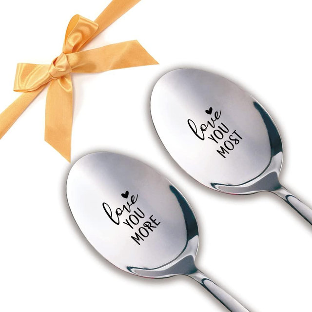 Love You More,Love You Most,2 Pcs Engraved Stainless Spoon Couple Gifts，Husband wife gift for/Wedding/Anniversary/Valentines day，Love gift for boyfriend/Girlfriend