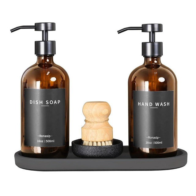 Ronasip Set of 5 Kitchen Soap Dispenser Set 16 Oz Glass Hand Dish Soap Dispenser with Stainless Steel Pump, Cement Tray, Dish Scrub Brush for Farmhouse Rustic Home Bathroom Decor (Brown)