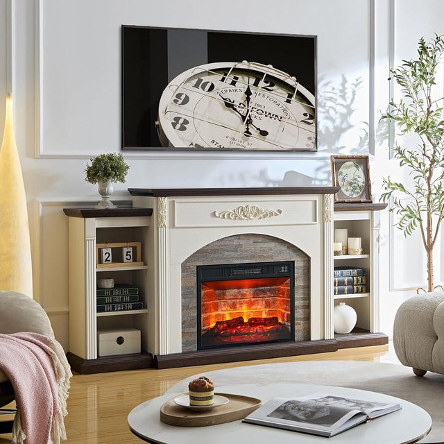 72" Electric Fireplace with Mantel,Vintage Style TV Stand with Fireplace for TVs Up to 80Inch,Antique White Entertainment Center for Living Room