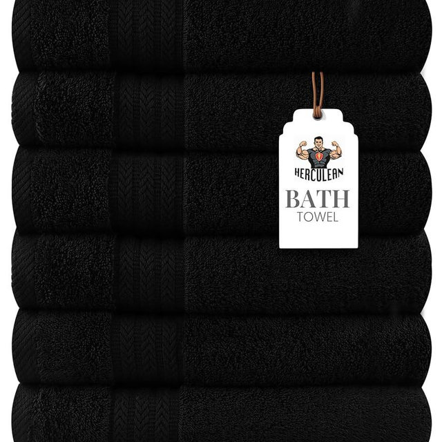 HERCULEAN Large Bath Towels 24 x 50 Pack of 6 | Quick Dry and Highly Absorbent | 100% Cotton Terry Towels for Bathroom - Perfect for Shower - Pool and Spa - Luxury Soft Towels - Black