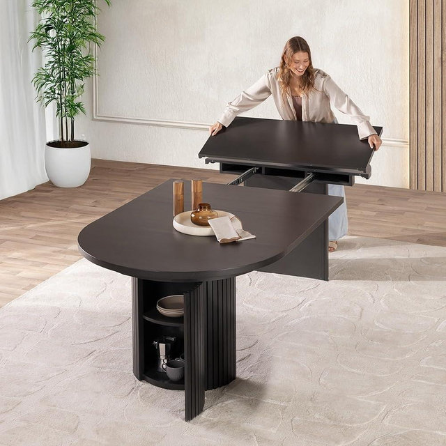 Transformer Table - Solid Wood Extendable Round Dining Table, Extendable Round Dining Table, Space-Saving Modern Furniture, Elegant and Functional Design, Black (Table Only)