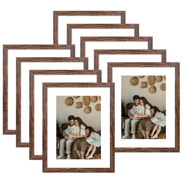 YESKAY 11x14 Picture Frame Set of 9, Photo Gallery Wall Frame Set, Display Pictures 8x10 with Mat or 11 x 14 Without Mat, Multi Photo Frames for Wall Mounting or Table Top Display, Rustic Brown