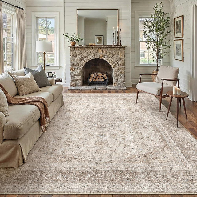 PureCozy Beige Area Rug 8x10 for Living Room Washable Vintage Carpet Low Pile Non Slip Distressed Soft Traditional Retro Oriental Large Accent Throw Rug Office Bedroom Dining Room Playroom