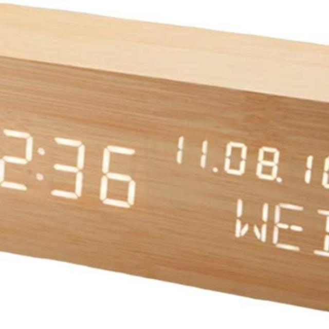 Pokanic Wood Digital Alarm Clock Desk Time, Date(MM/DD/YY), Day of The Week, Temperature, Nightlight Large LED Display Portable Lamp Bedroom, Office, School, Home, Livingroom, Room (Bamboo)
