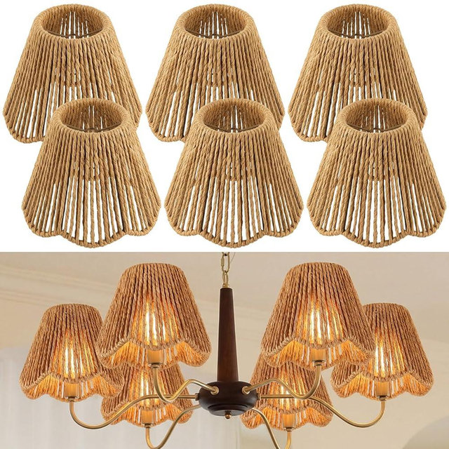 VIHOSE 6 Pack Natural Rattan Lampshade Boho Vertical Striped Rattan Lampshade Replacement with Petal Edges for Table Chandelier Wall Lamp Living Room Bedroom Farmhouse (Wood Color,3 x 5 x 6 Inch)