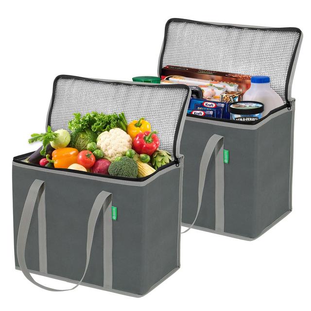 Insulated Grocery Shopping Bags (2 Pack-Gray), X-Large, Premium Quality Cooler Bag Set with Long Handles and Zipper Top. Reusable Tote for Warm or Cold Food, Freezer Items, Delivery