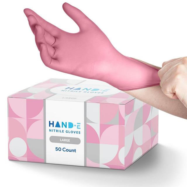 Hand-E Pink Nitrile Gloves, Perfect for Cleaning & Cooking - 50 Pack, Large