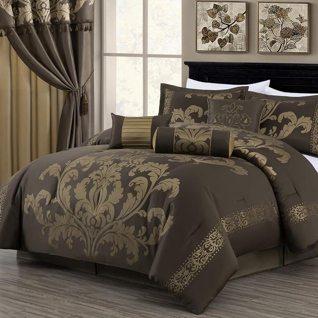 Chezmoi Collection 7-Piece Jacquard Floral Comforter Set (King, Coffee/Gold)