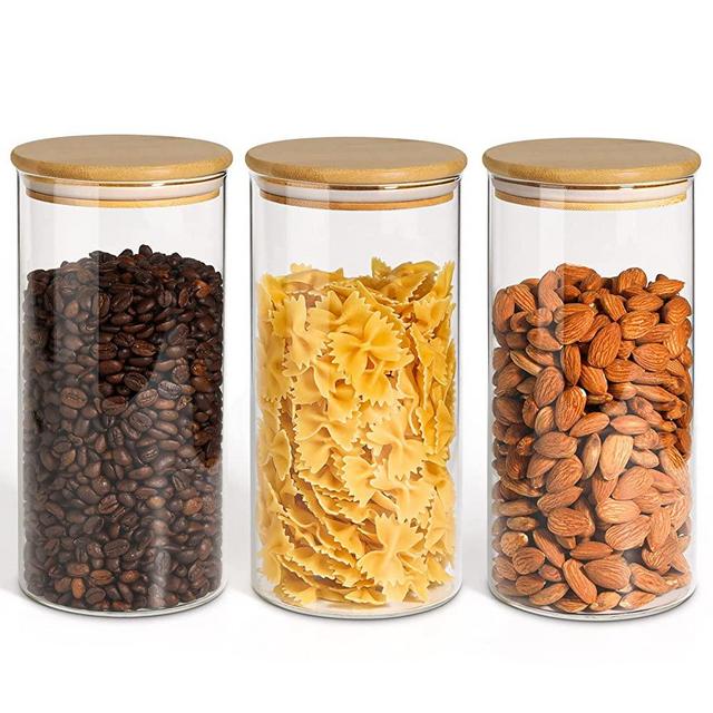 ComSaf Airtight Glass Storage Canister with Wood Lid(40oz), Clear Food Storage Container Jar with Sealing Bamboo Lid for Noodles Flour Cereal Rice Sugar Tea Coffee Beans, Round Set of 3