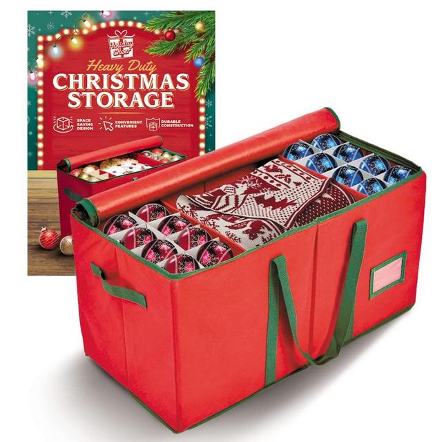 Holiday Cheer Premium Christmas Ornament Storage - Christmas Storage Container Perfect for Holiday Decorations and Ornament Storage Box - Fits 128 Holiday Ornaments - Tear-Proof Fabric (Red)