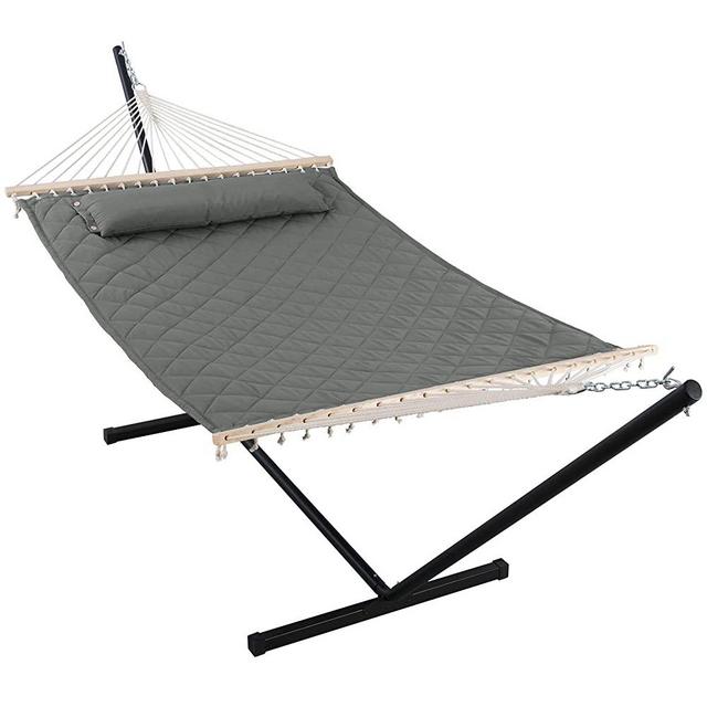 Lazcorner Double Hammock with 12 Feet Heavy Duty Steel Stand Combo, 2 Person Quilted Fabric Hammocks with Stand for Outdoors Indoors, 450 LBS Weight Capacity, Gray