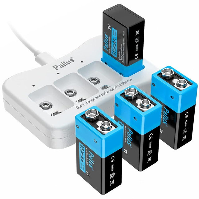Pallus 9v Rechargeable Batteries, 4-Pack 850mAh 9 Volt Li-ion Batteries with 9V Battery Charger for Smoke Detectors, Alarms, Wireless Microphones, Toys, Flashlights & More