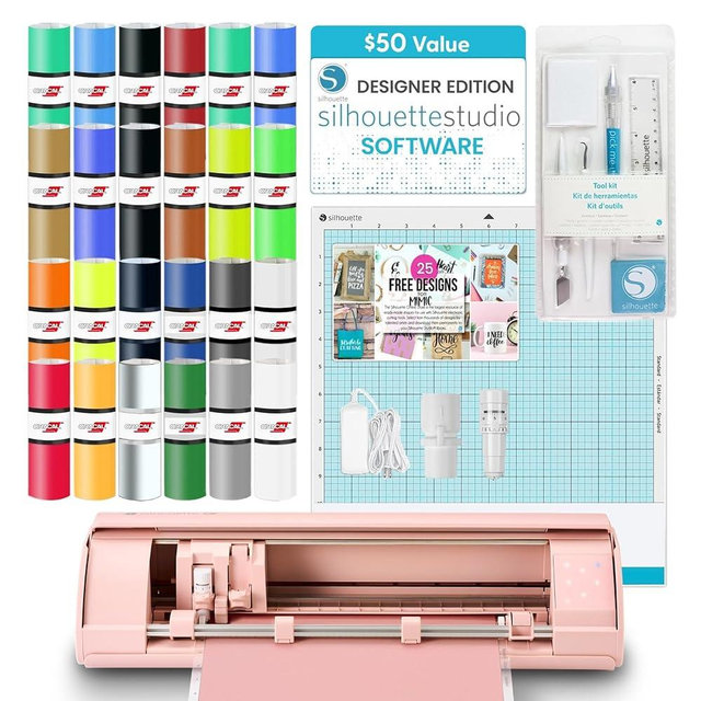 Silhouette America Cameo 5 Alpha (α) - Smart Cutting Machine, Matte Pink (Starter Bundle) - Includes Designer Edition Software, 24 Oracal Vinyl Sheets, Tool Kit & 25 Free Designs for DIY
