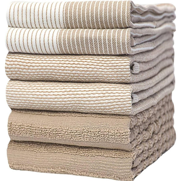 Premium Dish Towels (20”x 28”, 6 Pack) | Large Cotton Kitchen Hand Towels | | Flat & Terry Highly Absorbent Tea Towels Set with Hanging Loop | Tan
