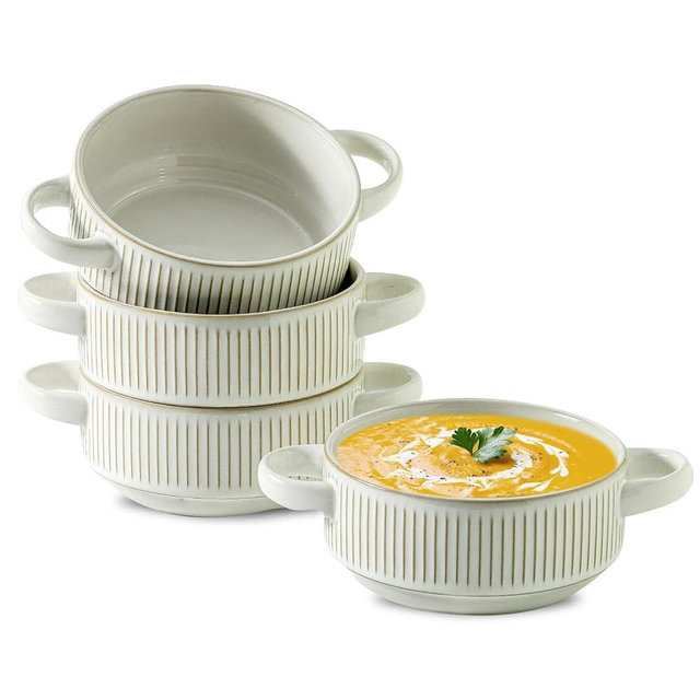 Soup Bowls with Handles, 20 oz French Onion Soup Crocks, Stackable Soup Bowl Oven Safe for Chili, Beef Stew, Embossment Ceramic Bowl Set - 5.4 Inch, Set of 4，Blue