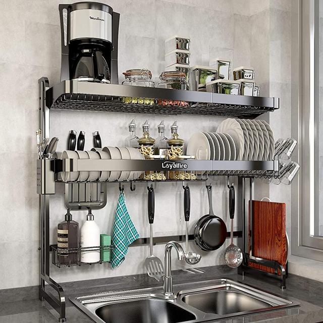 Over Sink Dish Drying Rack, Loyalfire 2 Tier Full Stainless Steel Large Storage Adjustable Kitchen Dish Rack (24.41''-37.6''), Expandable Dish Drainer Shelf Rack with Utensil Holder, Cup Hanging Set