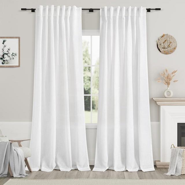 White Linen Curtains 84 inches Long for Bedroom Back Tab Light Filtering Privacy Sheer White Curtains Modern Farmhouse Coastal Decor Pure White Cotton Textured Gauze Curtain for Living Room 2 Panels