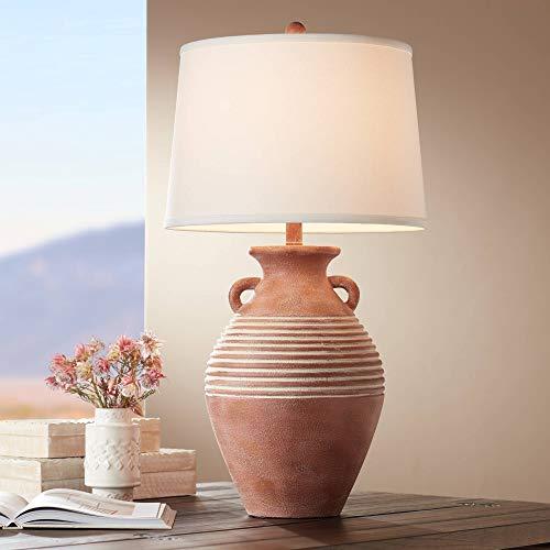 Sierra Rustic Table Lamp Southwest Style Red Brown Sandstone Linen Drum Shade for Living Room Bedroom Bedside Nightstand Office Family - John Timberland