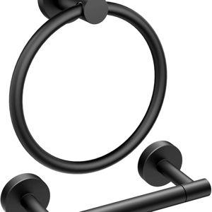 FORIOUS Toilet Paper Holder Wall Mount, SUS304 Stainless Steel Double Post Pivoting Tissue Roll Holder and Hand Towel Ring Set for Bathroom, RV, Bathroom Hardware Accessories Set, Matte Black