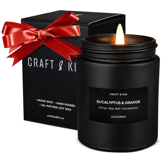Craft & Kin Premium Orange & Eucalyptus Candle | Black Christmas Scented Candles for Home | Long Lasting with 45 Hour Burn Time, 7.6oz | Soy Holiday Candle | Aromatherapy at Home | Gifts for Men
