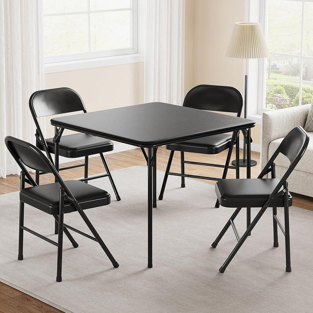 Folding Table, 33.6 Inch Folding Card Table, Portable Square Folding Table with PU Soft Cushion, Black Metal Foldable Table Suitable for Living Room, Office, Camping(No Chair)