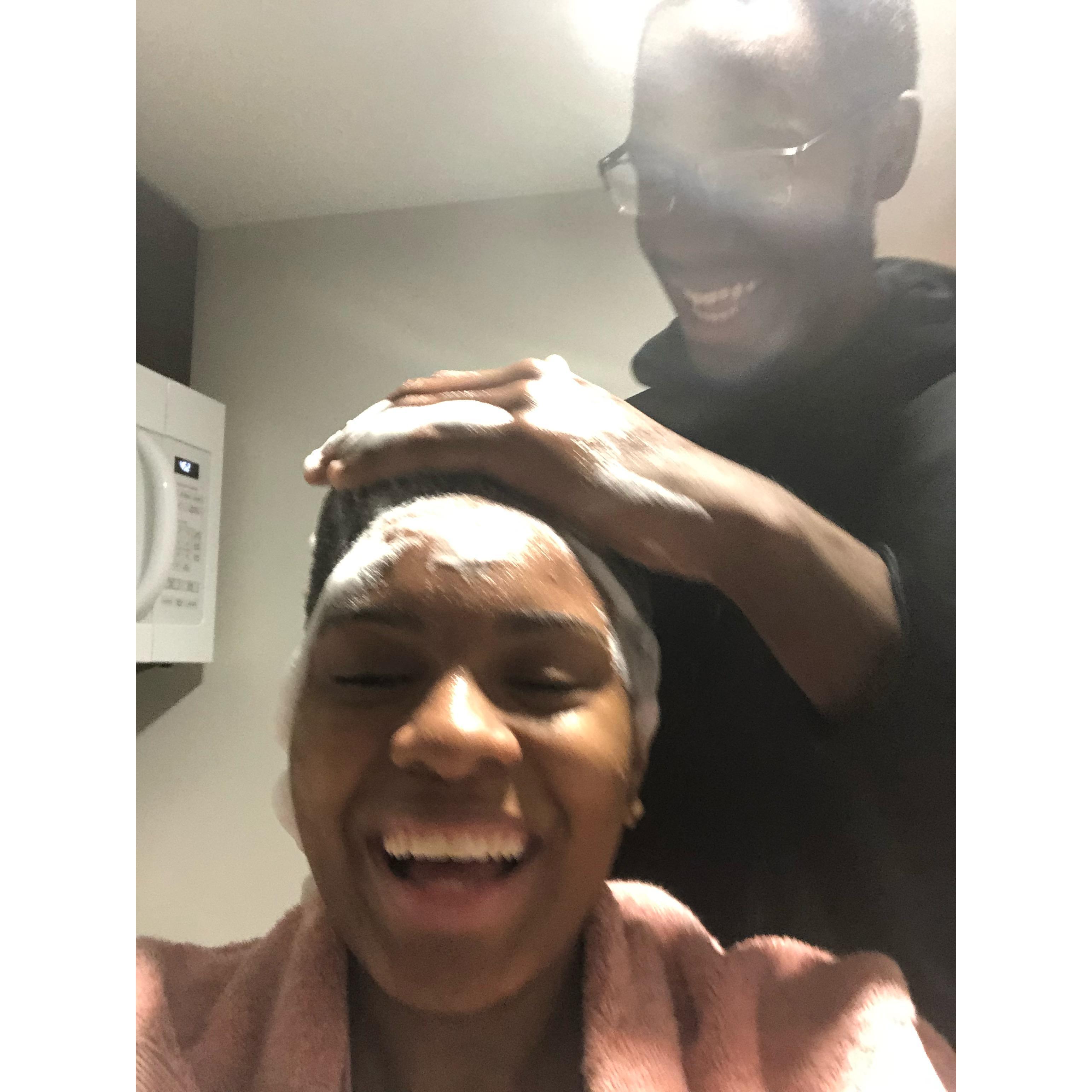 His first time washing my hair lol