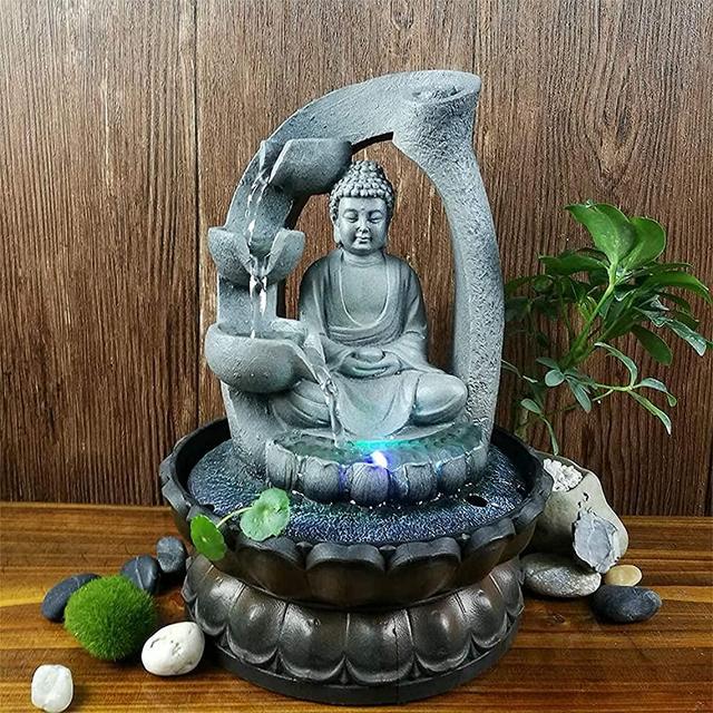 SURPRIZON 11.8in Buddha Tabletop Waterfall Fountain Fengshui Meditation Relaxing Indoor Decoration, Waterfall Kit with Circular Water Flow for Home, Office, Bedroom Decoration (Grey 1)